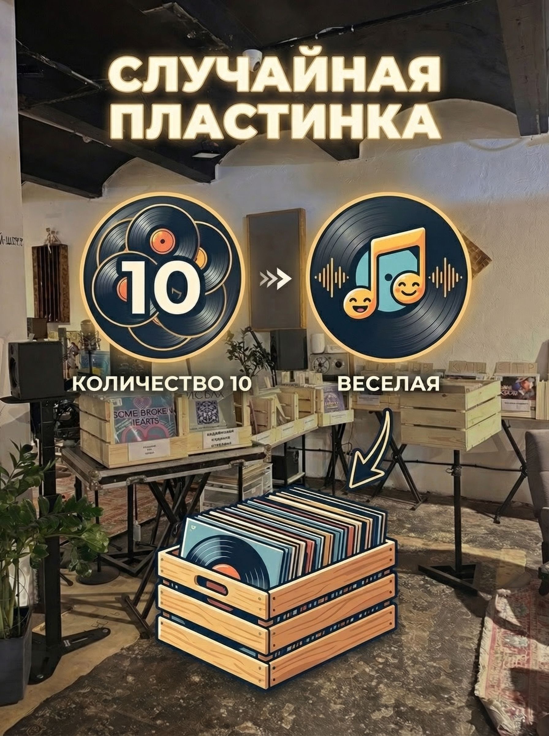 Комплект из 10-ти случайных виниловых пластинок. Особенность: Веселая
